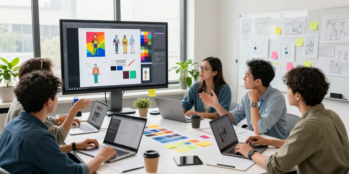Team collaborating on a mixboard in a modern office setting, showcasing vibrant concept designs.