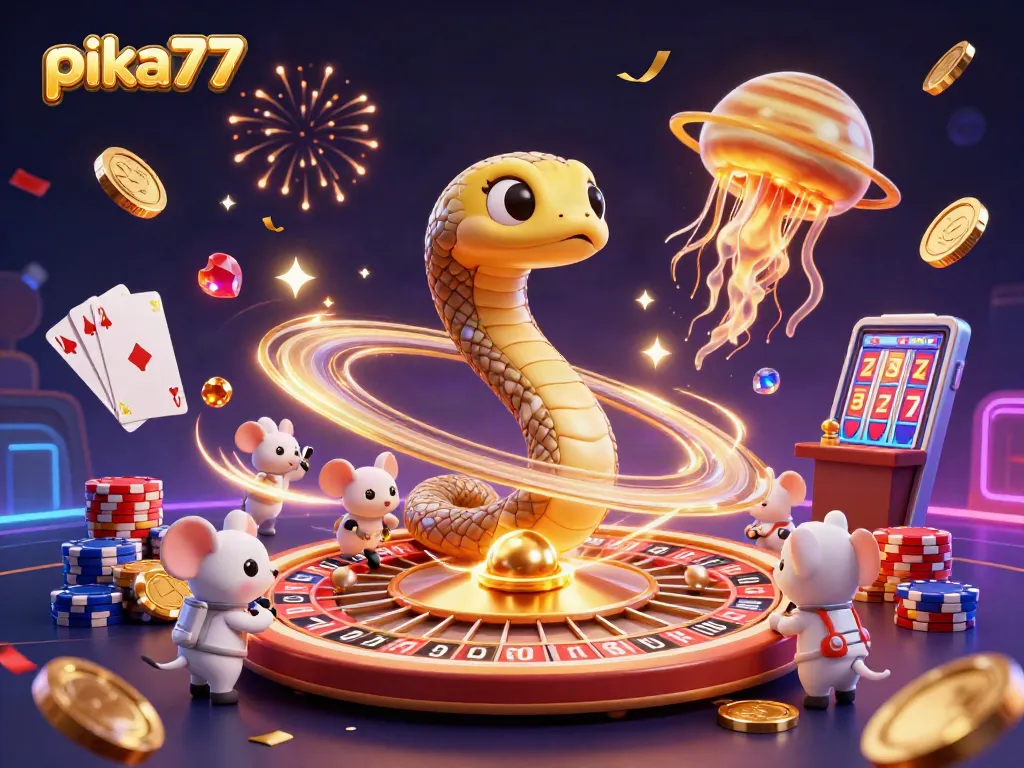 Witness tiny astronaut mice placing bets on the vibrant pika77 roulette wheel illustrated in stunning 3D detail.