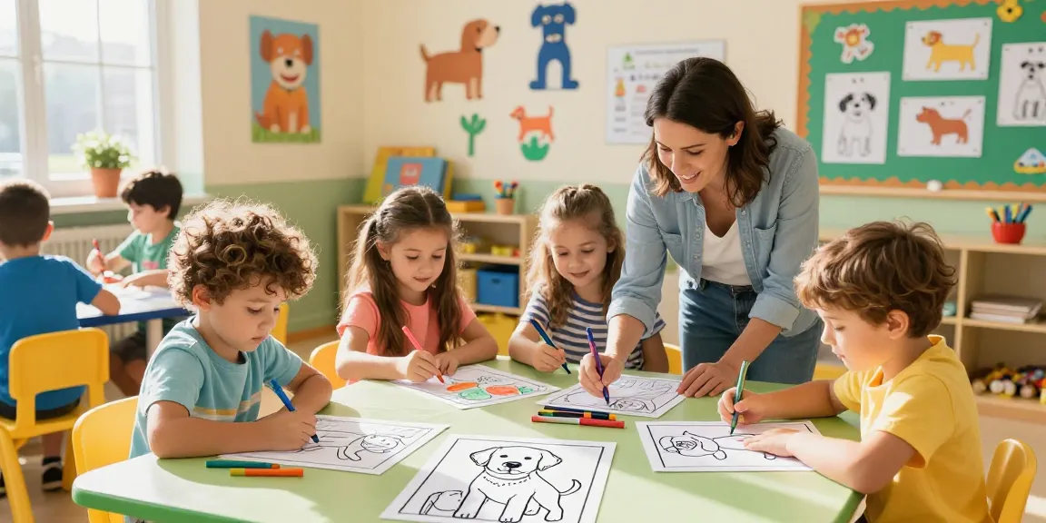 Easy coloring for preschoolers with kids engaging in Labrador Retriever art activities.