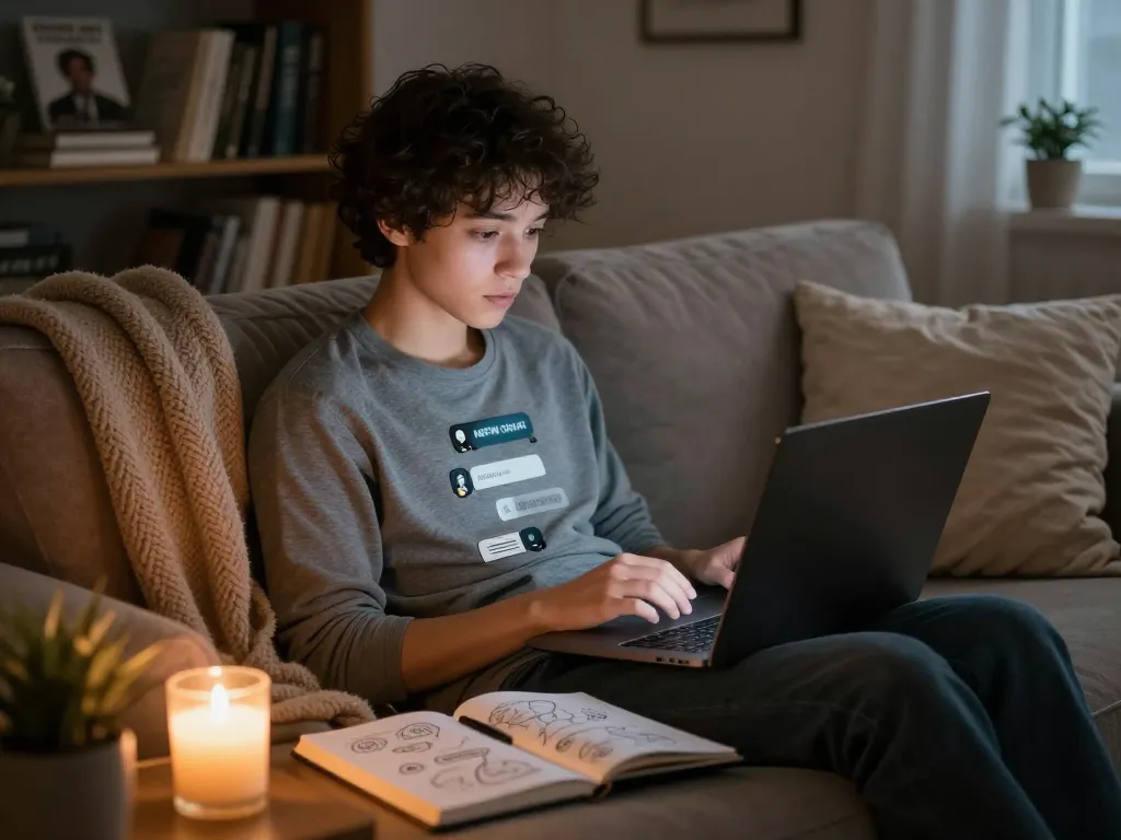 Young adult engaging in nsfw ai chat at home with cozy ambiance