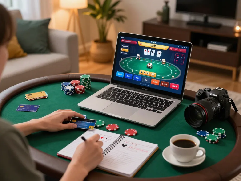 nk88 player engaging in live dealer games at home with betting strategies visible