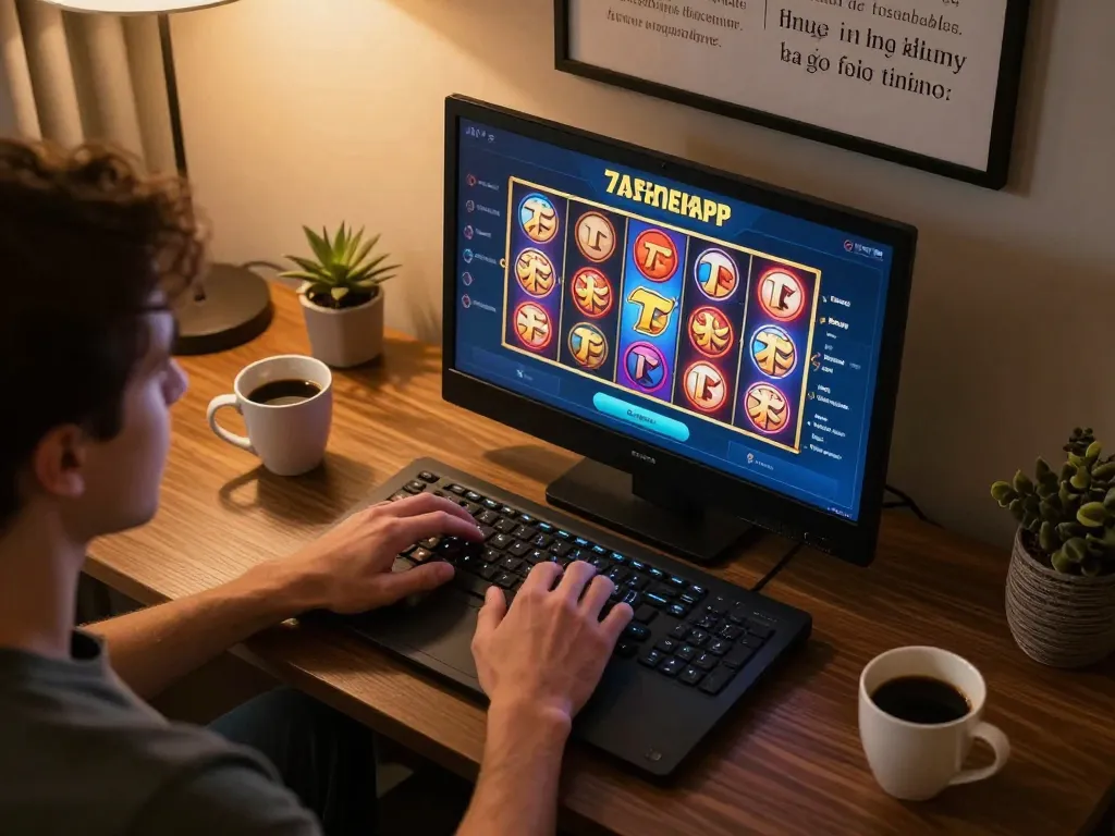 Link vào chơi 79king with a player on a tablet, enjoying vibrant slot games in a cozy home setup