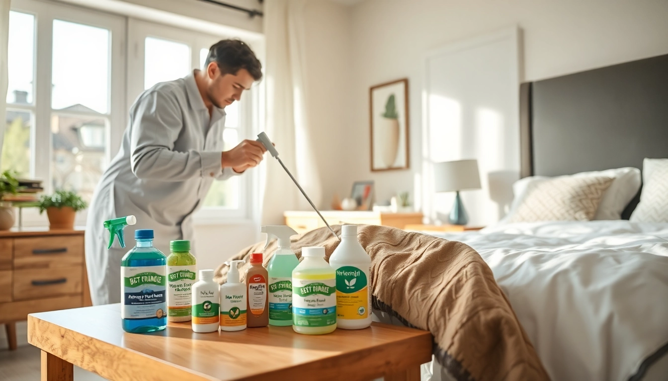 Apply affordable bed bug treatment by a professional technician in a bright bedroom.
