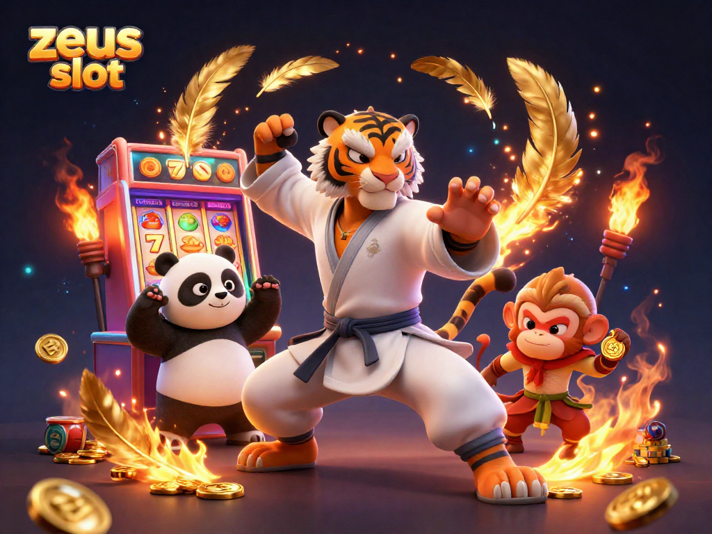 Engage with zeus slot visuals as the tiger master exemplifies winning poses amid swirling gold and vibrant slot symbols.