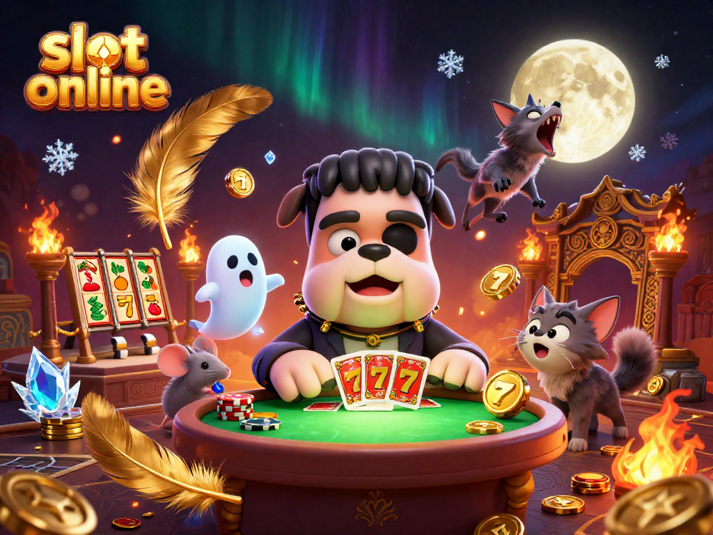Experience thrilling slot online action with cartoon characters playing cards and floating in a vibrant casino scene.