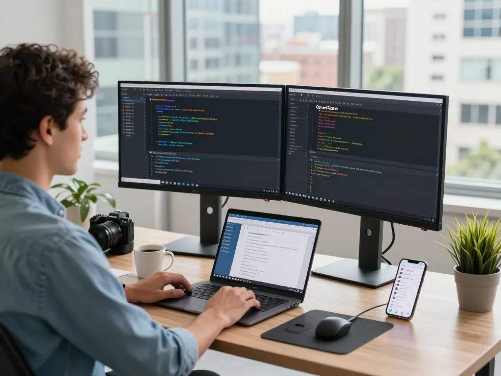 OpenClaw software in action on dual monitors in a vibrant tech workspace