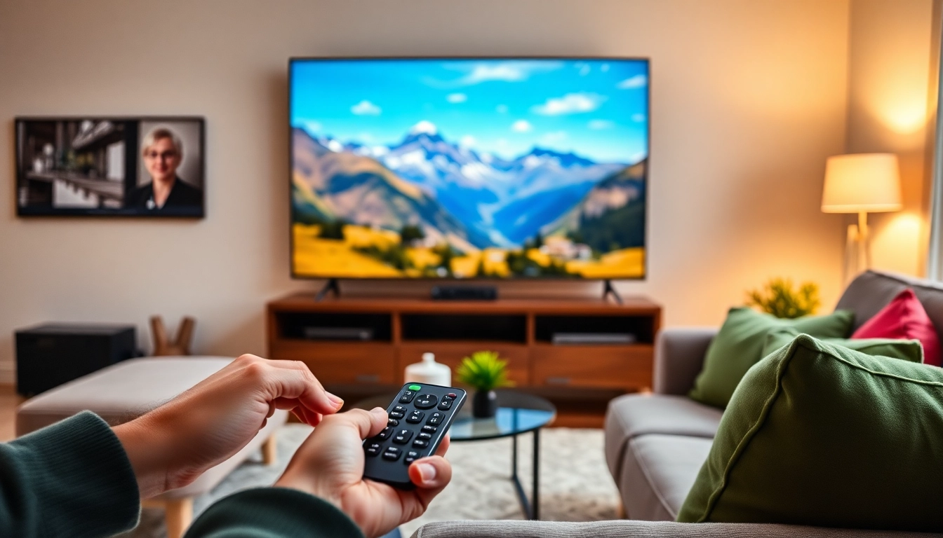 Engaging setup for IPTV Suisse service with a smart TV showcasing Swiss landscapes.