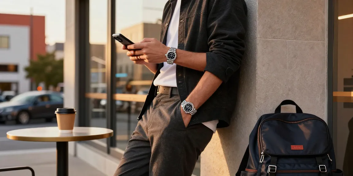Stylish individual showcasing a rolex replica watch in an urban café setting.