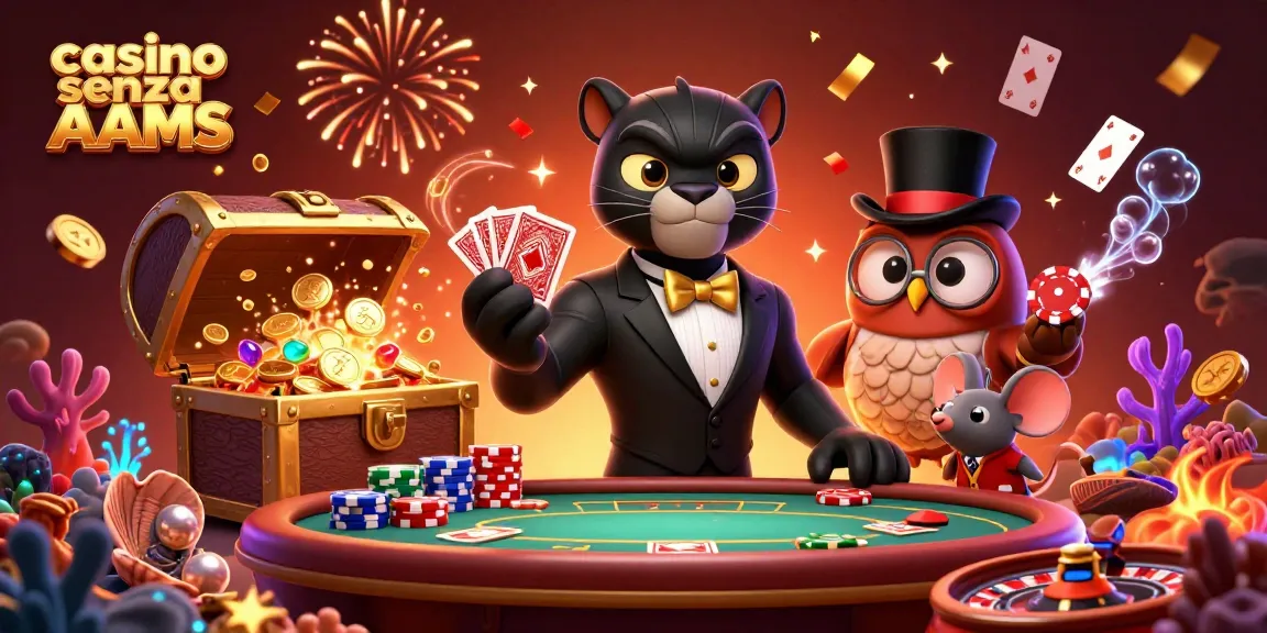 Immergiti nel brivido del casino senza AAMS con personaggi eleganti in mezzo a elementi di gioco vibranti.