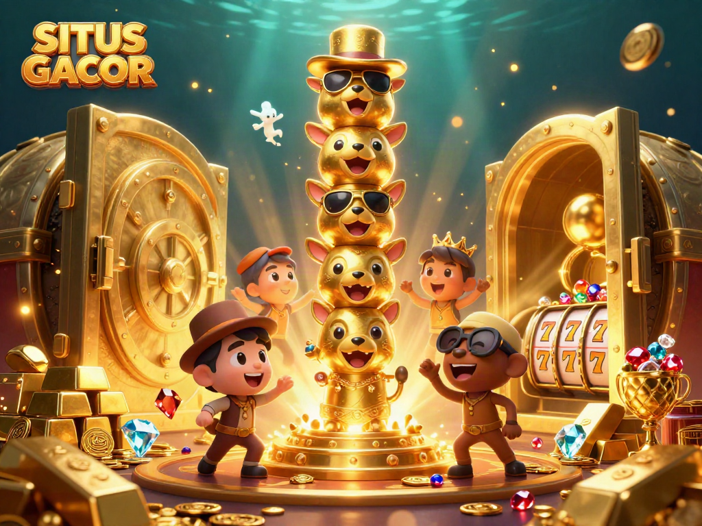 SITUS GACOR presents a vibrant 3D casino scene with a dynamic totem, treasures, and exciting slot elements.