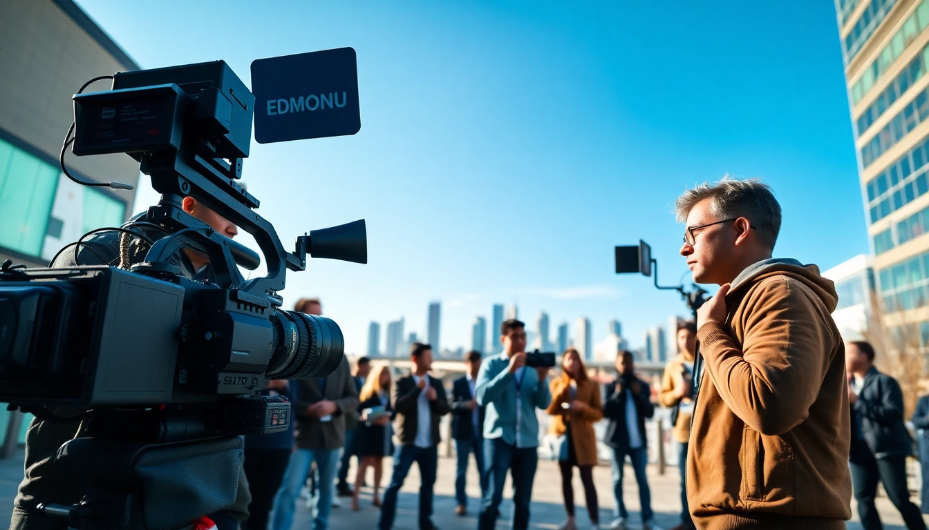 Edmonton production companies capturing events with a diverse film crew and iconic skyline.