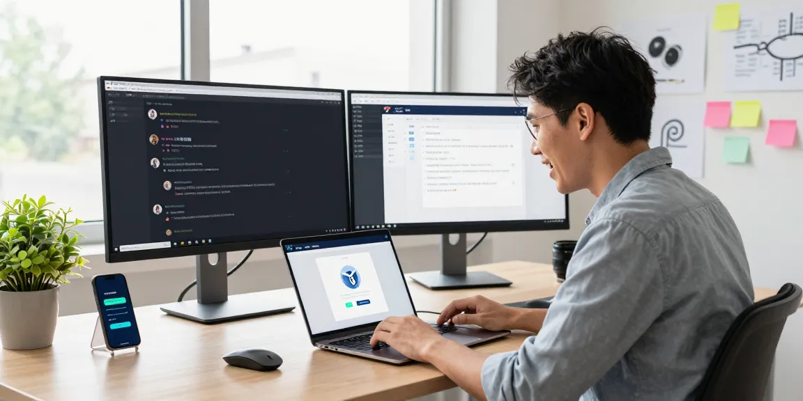 Person using 纸飞机中文版 app on a laptop in a vibrant tech workspace.
