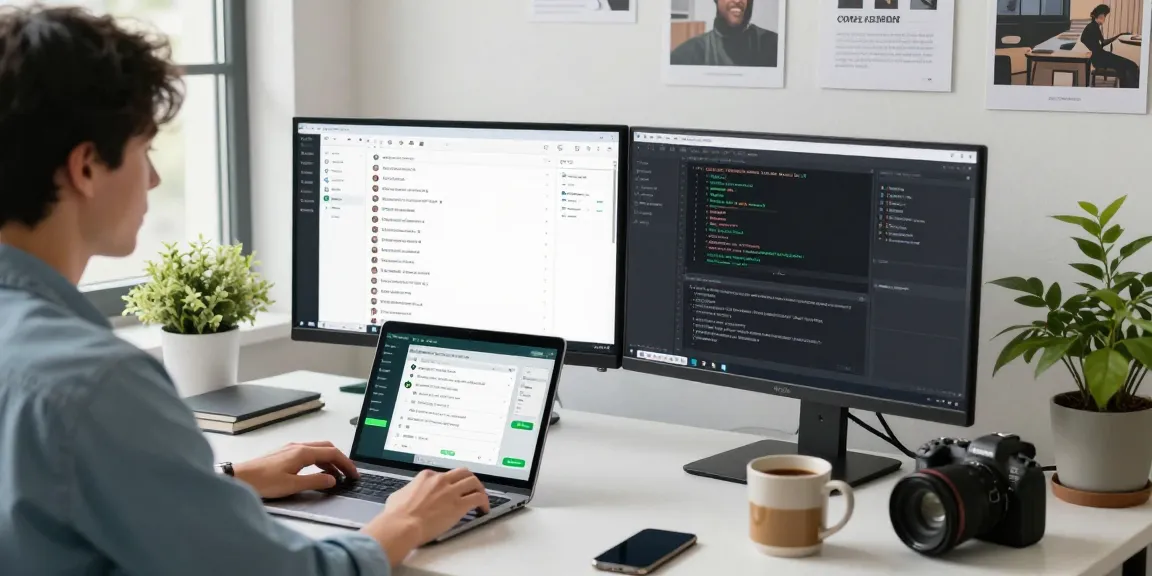 Using WhatsApp電腦版 on a sleek desktop setup with dual monitors and bright natural light.