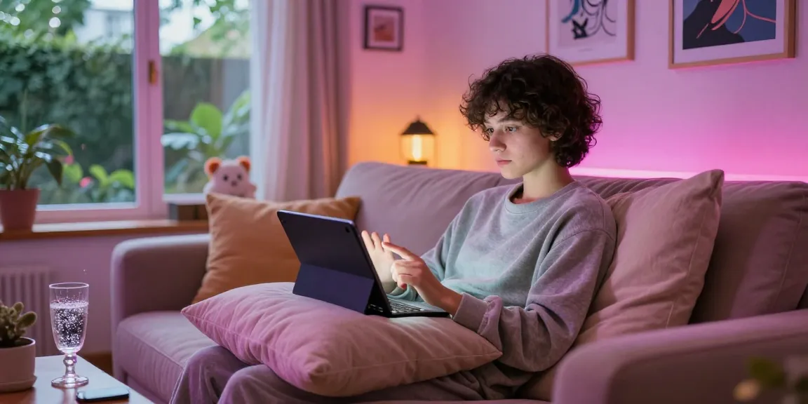 Engaging in NSFW chat on a tablet in a cozy setting with vibrant lighting and fun decor.