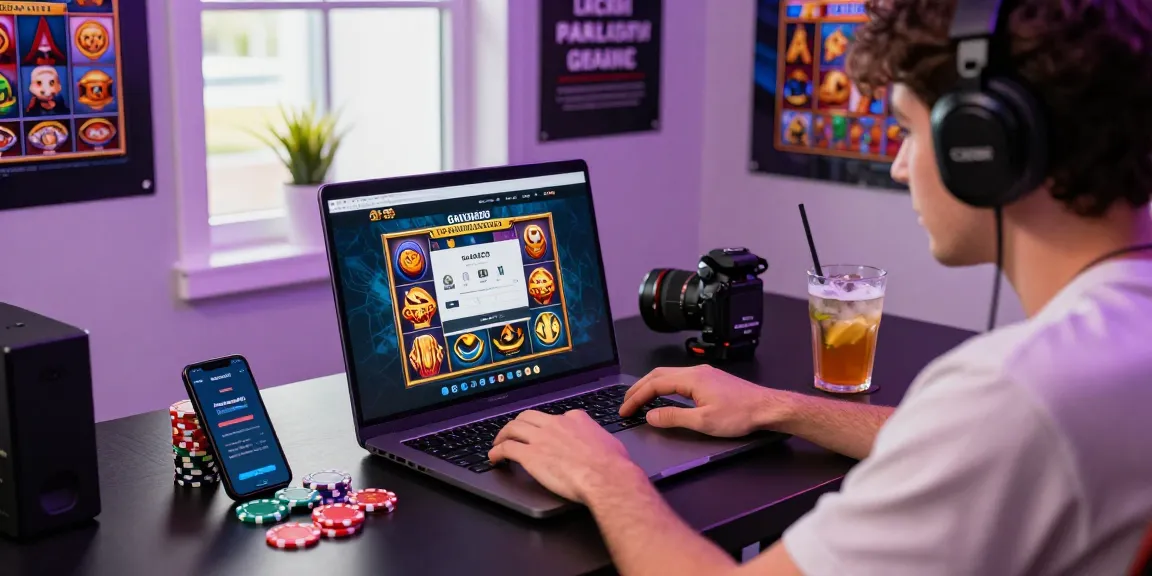 Engaged player performing Garuda303 login on laptop, surrounded by colorful gaming tokens and vibrant slot game visuals.