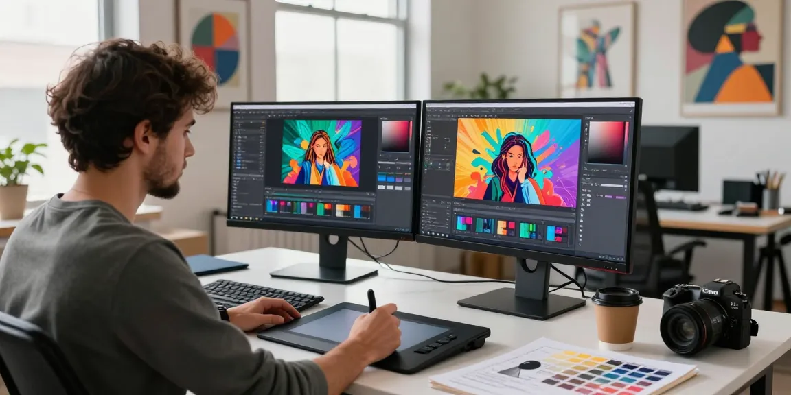 Artist utilizes AI image to prompt technology in a vibrant digital art studio.