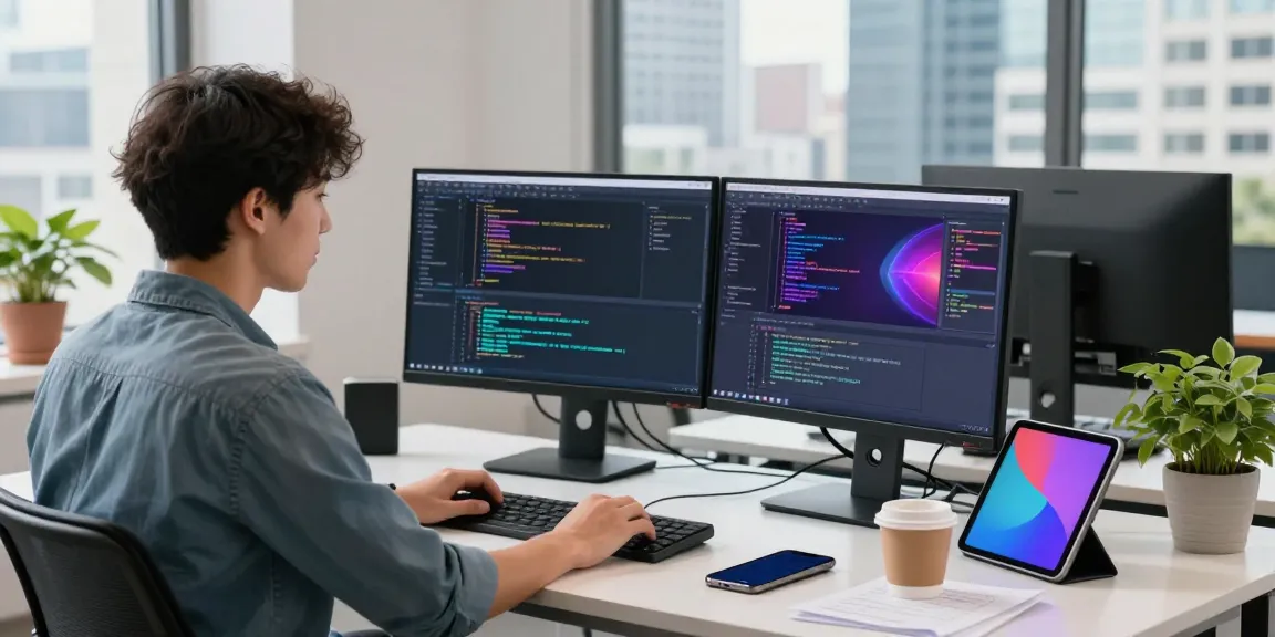 Focused young developer coding on dual monitors in a tech workspace, showcasing a professional environment for 纸飞机中文版.
