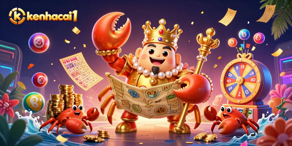 Experience thrilling wins with keonhacai1, featuring a dynamic scene of a golden crab emperor and lottery elements.