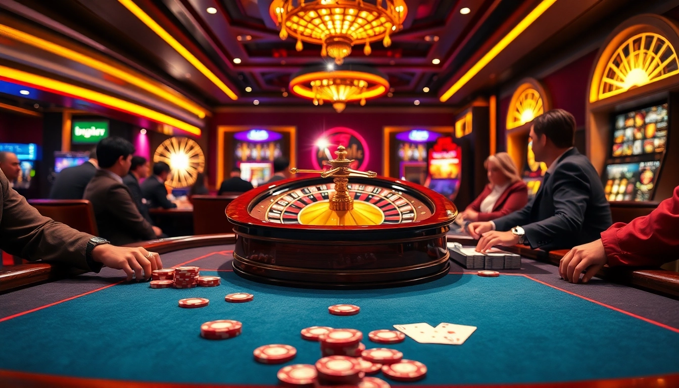Pemain kasino merayakan kemenangan datuk win di meja poker mewah dikelilingi chip dan kartu.