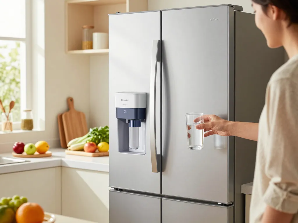 Person filling a glass with clarity from Waterdrop UKF8001 Refrigerator Water Filter 4 in a bright kitchen.