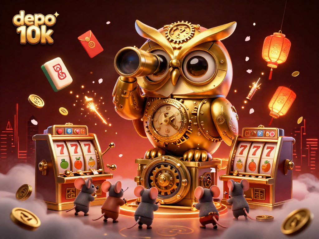 Engage with depo 10k's slot machines, featuring a golden owl and whimsical mouse patrons amidst a vibrant casino scene.