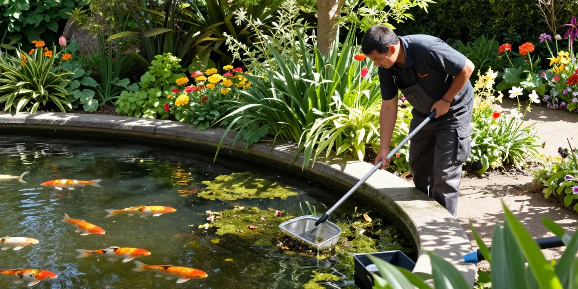 Pond Clean London: Expert pond cleaner maintaining a beautiful garden pond in an idyllic setting with lush surroundings.