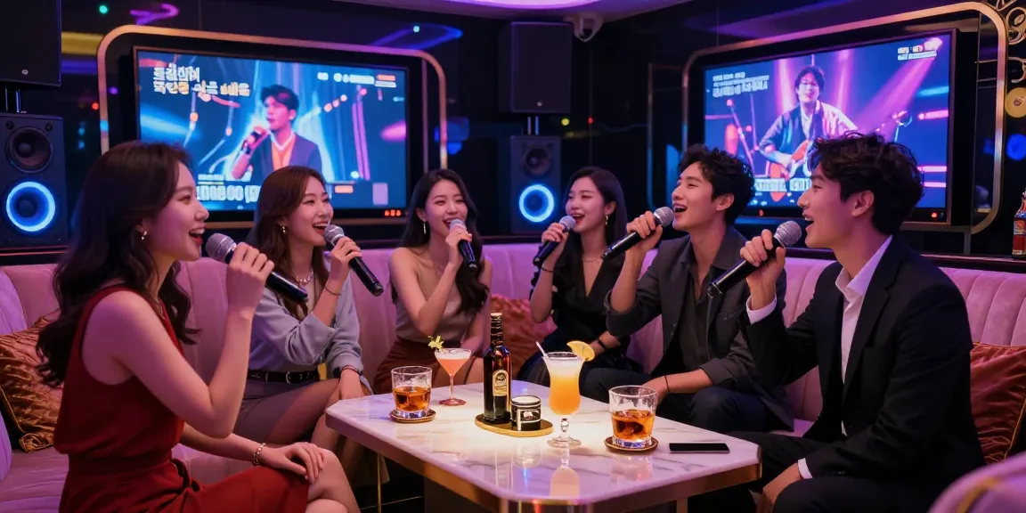 Friends enjoying a lively night at 강남가라오케 with vibrant atmosphere and premium drinks.