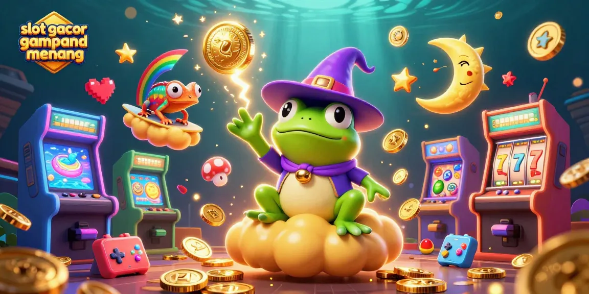 Gambaran slot gacor gampang menang dengan penyihir katak dan chameleon di atas awan emas.