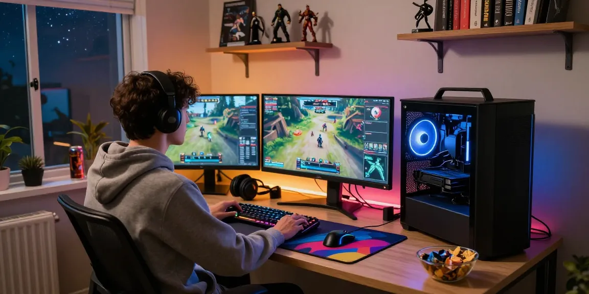 Gamer immersed in gameplay with multiple monitors and gaming setup cika4d.