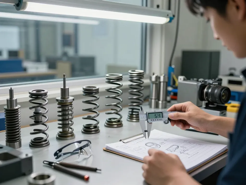 Expert în inginerie examinând designurile arcurilor ciur într-un atelier modern cu diverse unelte.