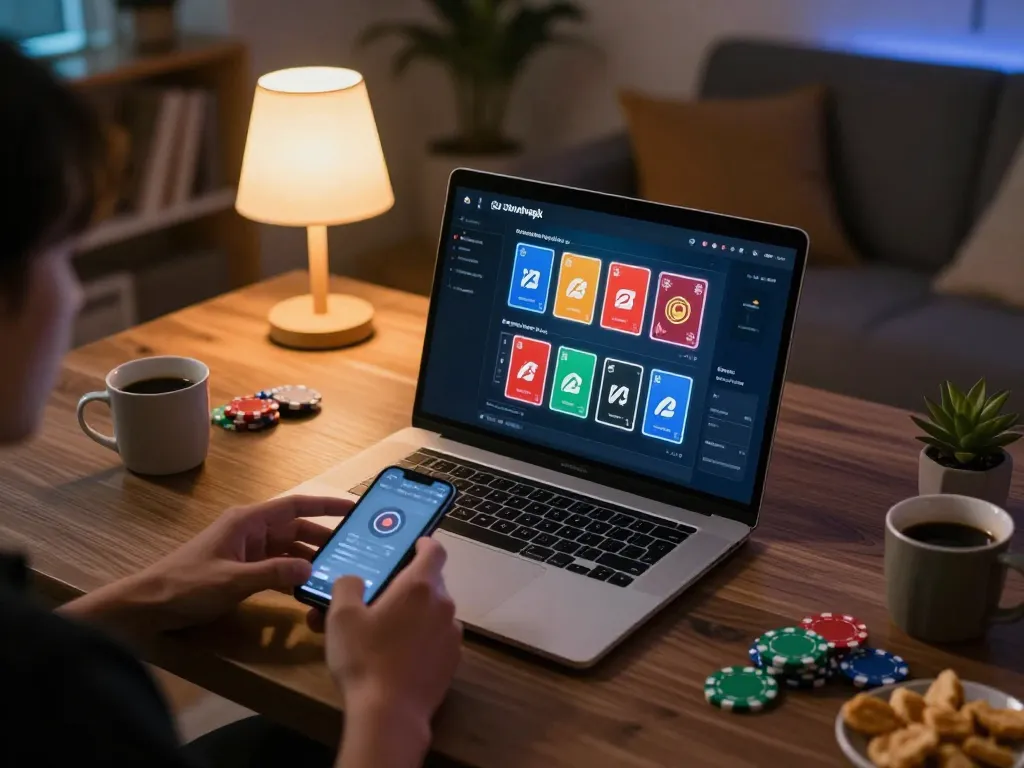 Play on the sunwinapk app in a cozy home setup showing vibrant poker cards and chips.