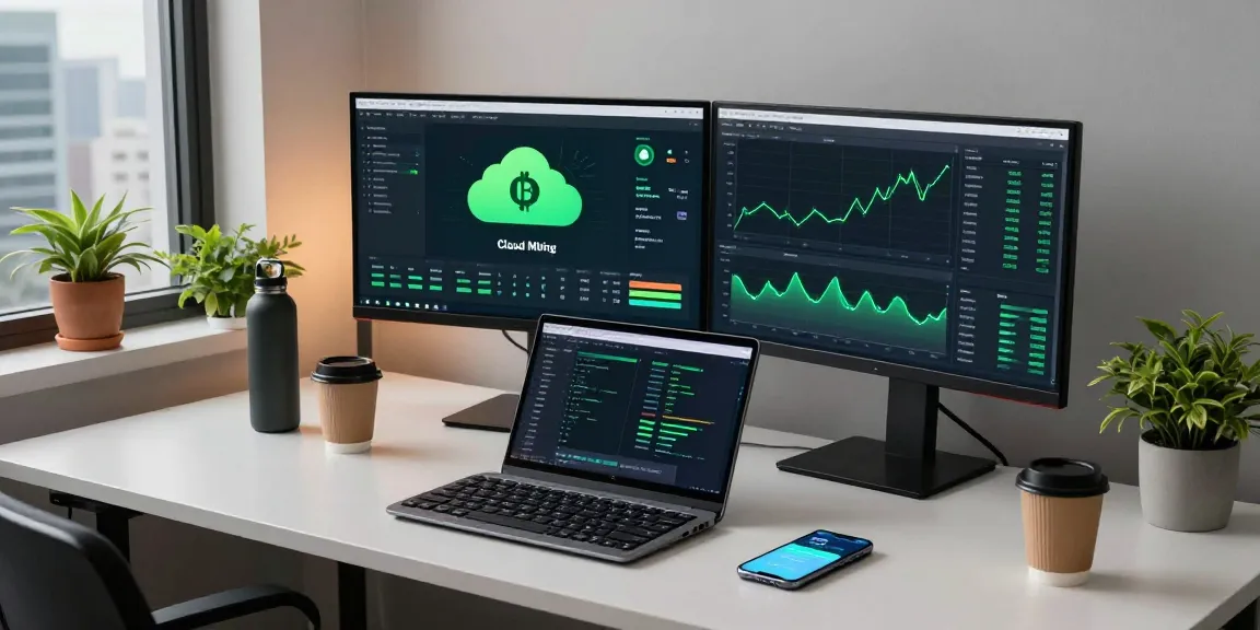 Green energy cloud mining in a modern cryptocurrency trading workspace with eco-friendly technology.