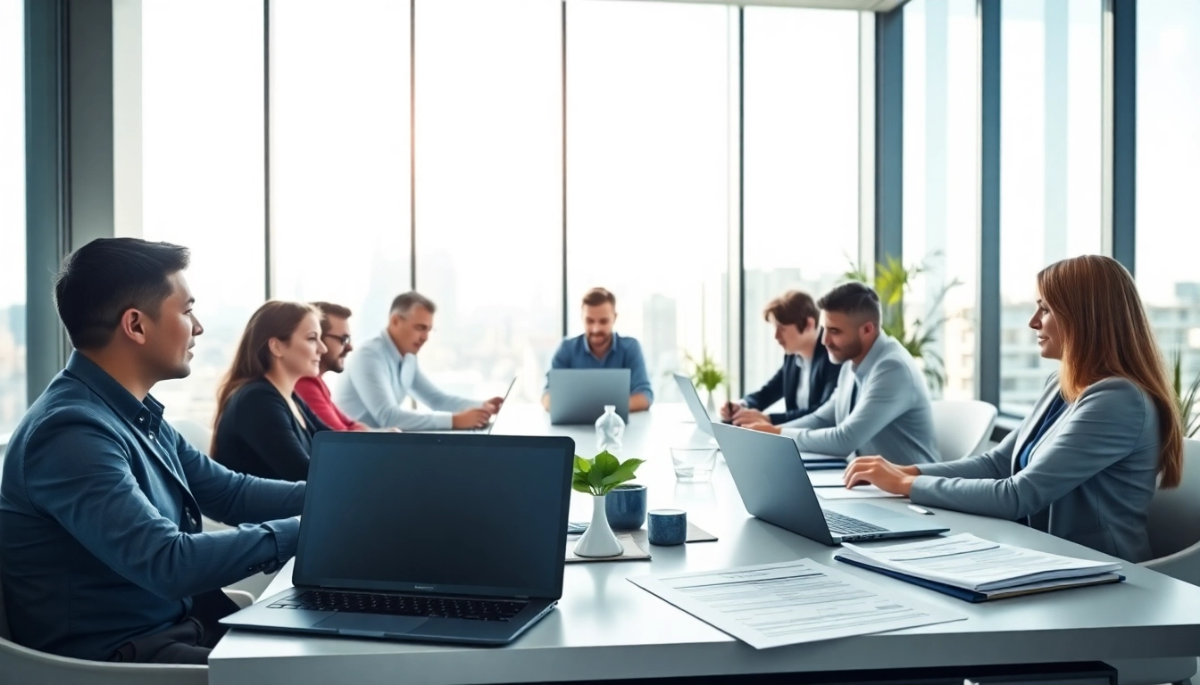 Engaging team meeting on Contract Management in a contemporary office space.