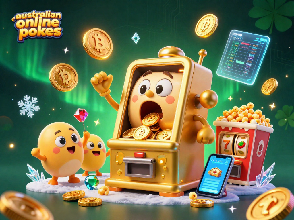 Win big with australian online pokies as golden slot machines celebrate jackpots and crypto coins illuminate the scene.