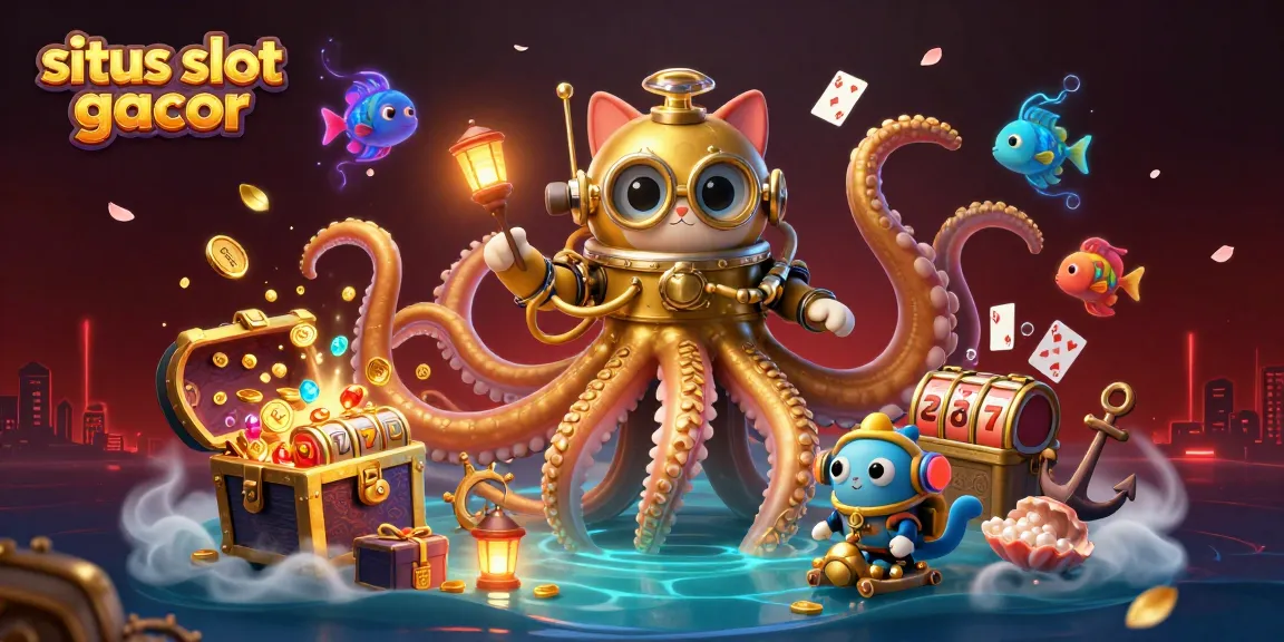 The vibrant 3D illustration showcases the situs slot gacor theme, featuring a colossal kraken and playful diving cat amidst treasures.