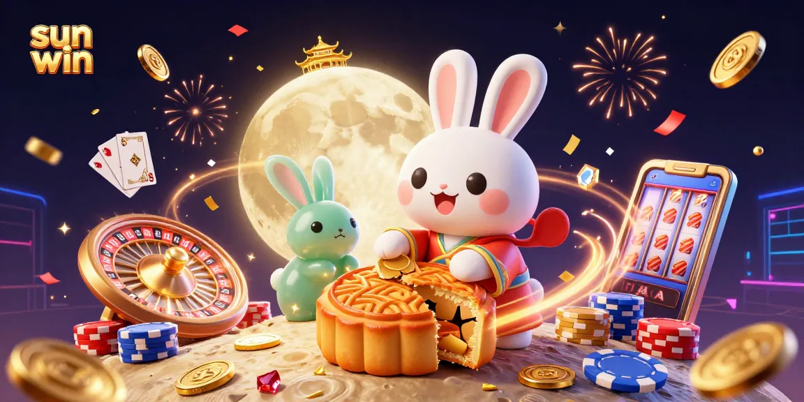 Experience the excitement of sun win with a lunar-themed casino scene filled with playing cards, coins, and festive elements.