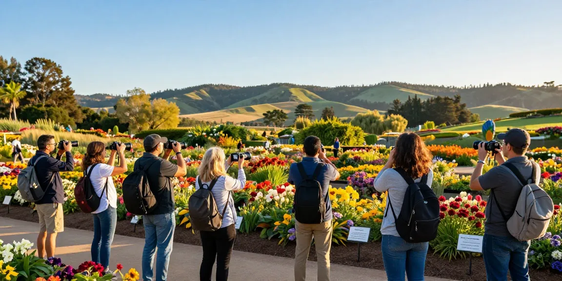 Tourists enjoying the beautiful Capay Valley Garden Tour at https://www.thecapayvalleygardentour.com, capturing vibrant flower displays.