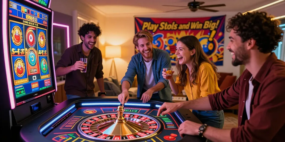 Friends enjoying a lively slot game session in a vibrant online casino setup, showcasing a fun and exciting atmosphere.