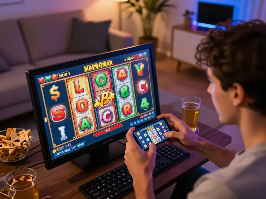 Engaged player spinning link gacor slot reels on smartphone at home for exciting wins.