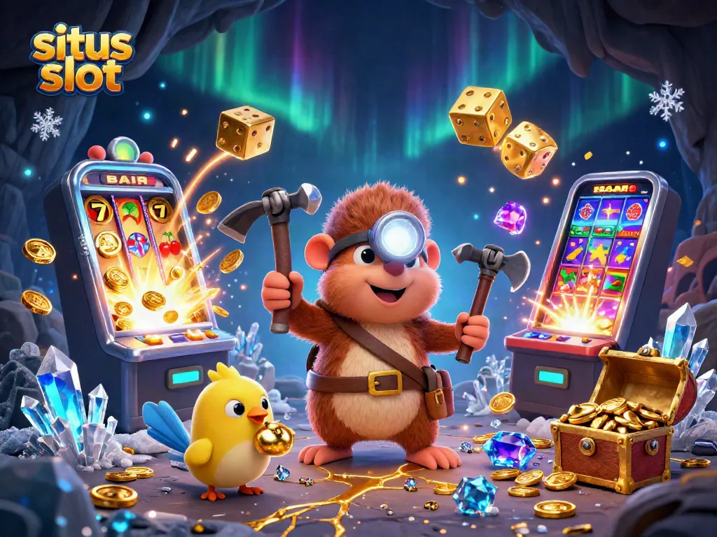 Experience excitement at situs slot with a treasure hunter mole amidst jackpot riches and vibrant casino elements.