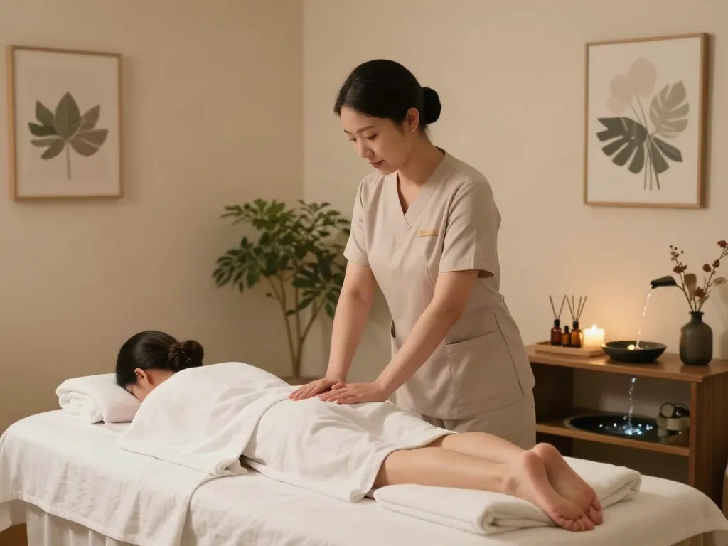 서초출장마사지 in a calming massage therapy room with soft lighting and essential oils.