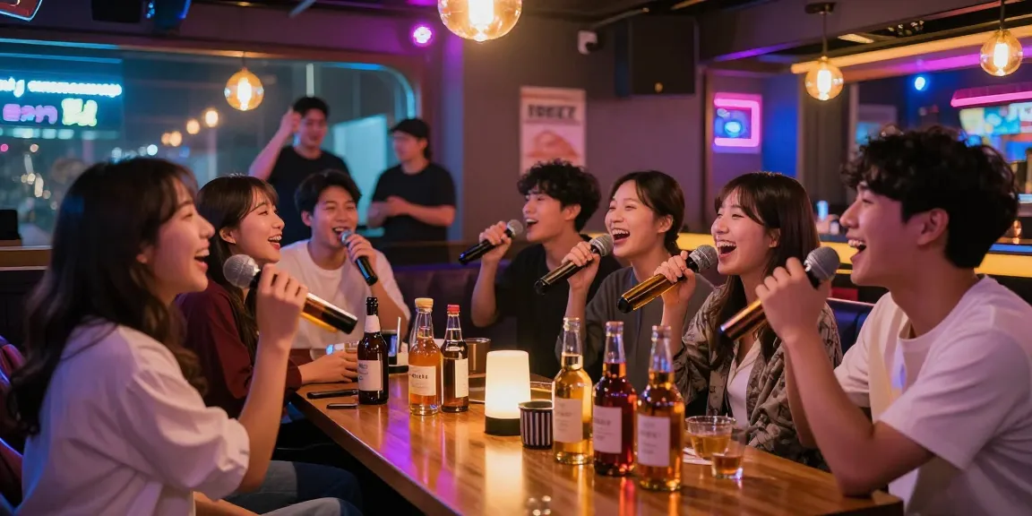 제주유흥에서 즐거운 시간을 보내는 친구들, 카라오케 바의 자연스러운 분위기.