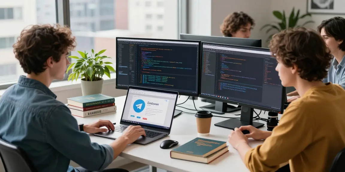 Engaging tech workspace showcasing Telegram中文版 coding environment with programmers collaborating.