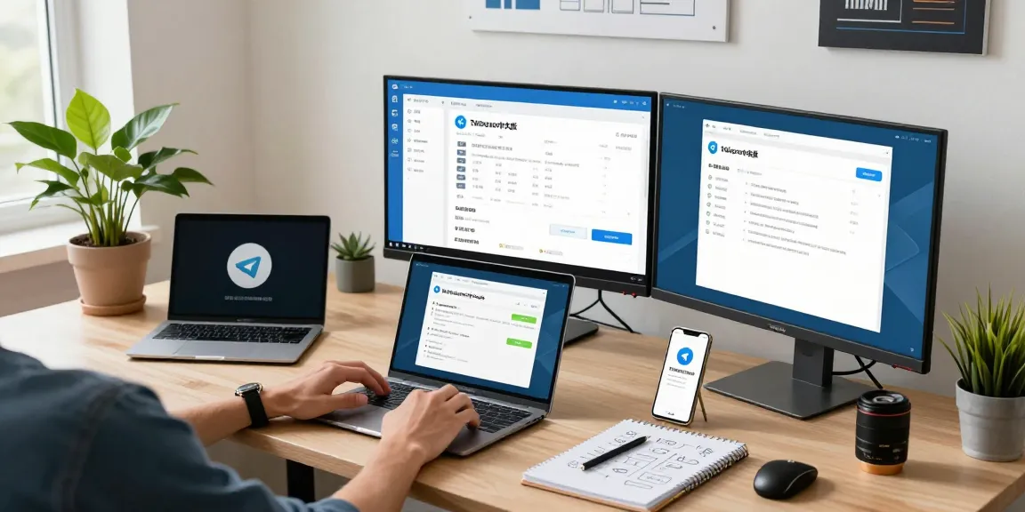Optimal workspace featuring a user configuring telegram中文版 settings on multiple screens in a modern office.