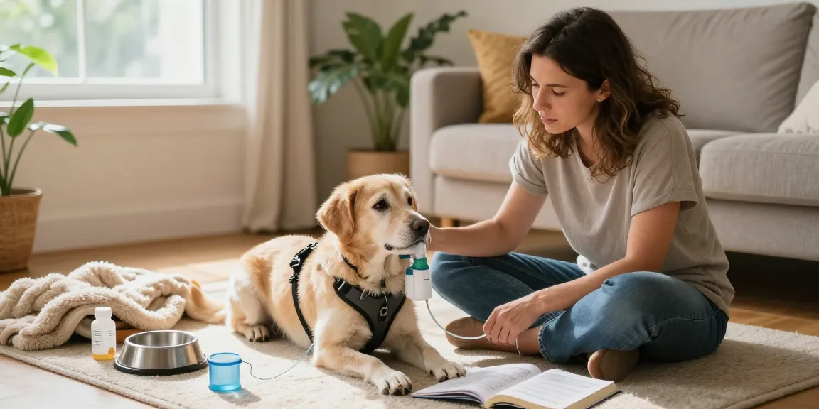 Pet owner using 寵物氧氣機租借收費 for their dog in a cozy living room.