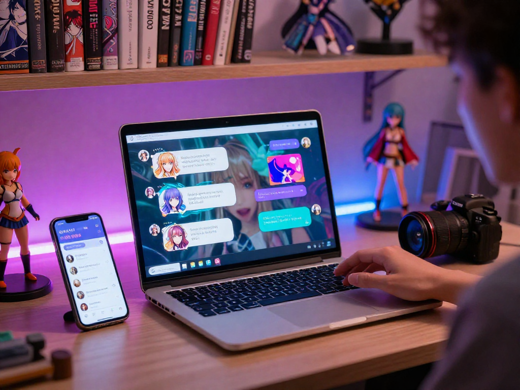User engaging in hentai ai chat on modern laptop in creative workspace