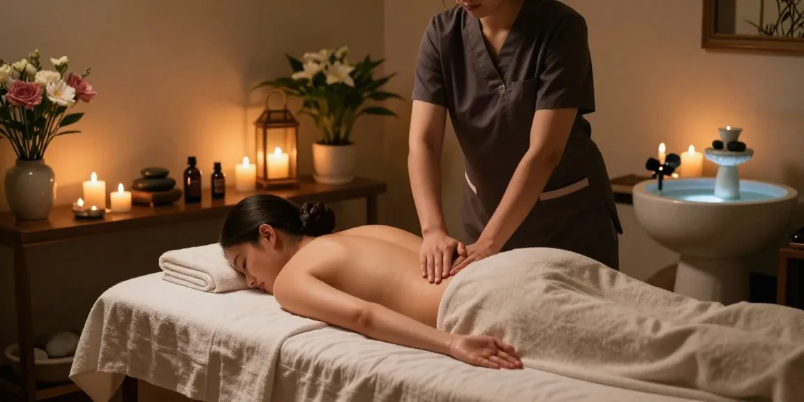 Premium 1인샵 spa scene showcasing a therapist providing a Swedish massage in a serene, candle-lit room.
