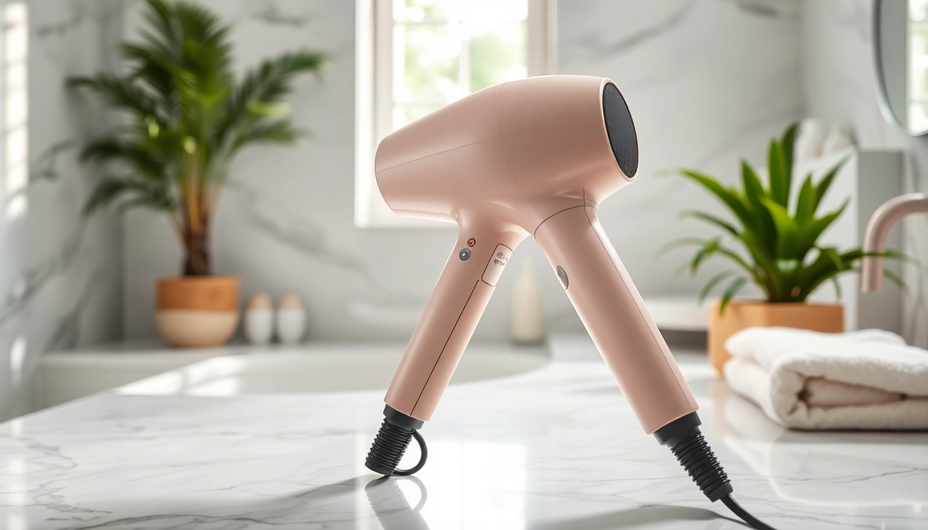Styling with hair dryer for fine hair on a marble countertop enhances elegance and functionality.