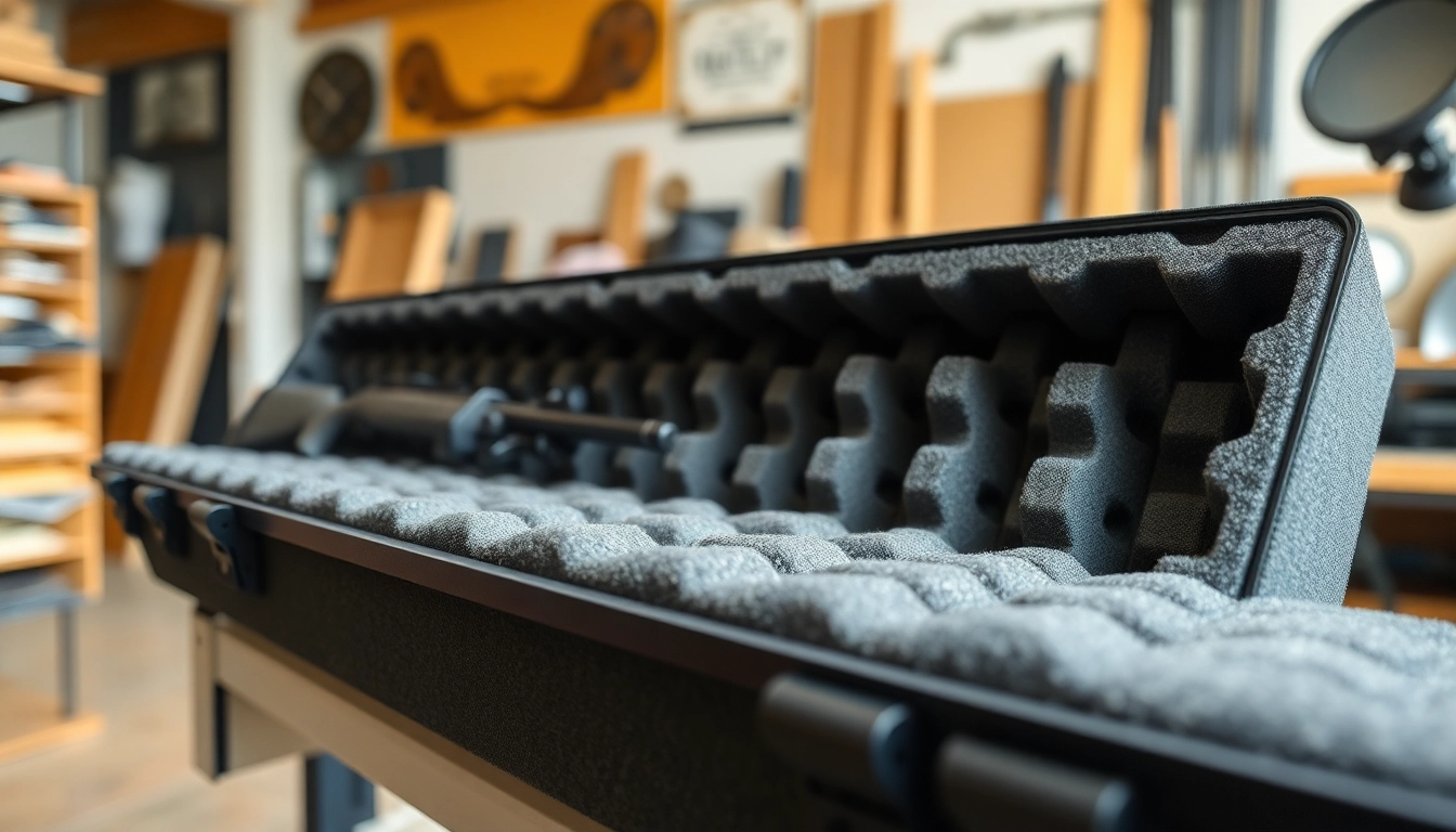 Protective foam for rifle case displayed in a well-organized workshop, highlighting durability and precision.