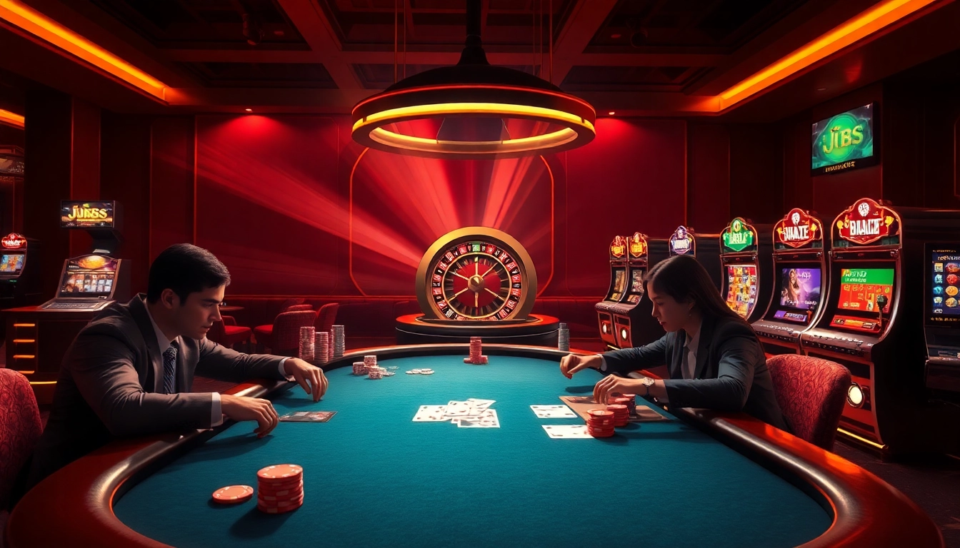 Engaging gambling scene showcasing J88 poker table with intense players